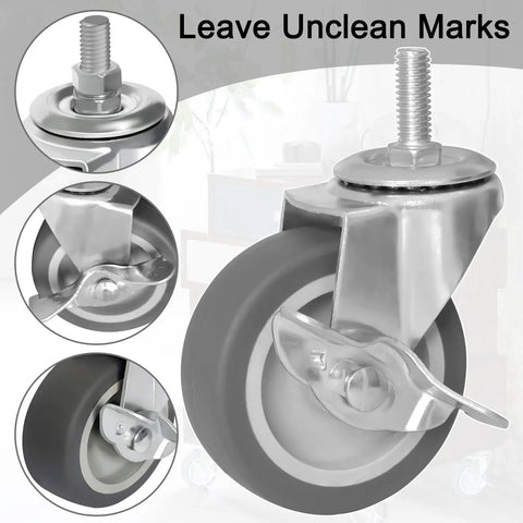 Close-up of 3 Inch Heavy Duty Rubber Caster Wheels With Locking Brakes M8 X 1.5 Threaded Stem Industrial Swivel Castors