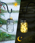 Hanging Mason Jar Solar Lights 6 Pack With 30 LED Lanterns in day and night view, outdoor decor, jar with lid, on black hook