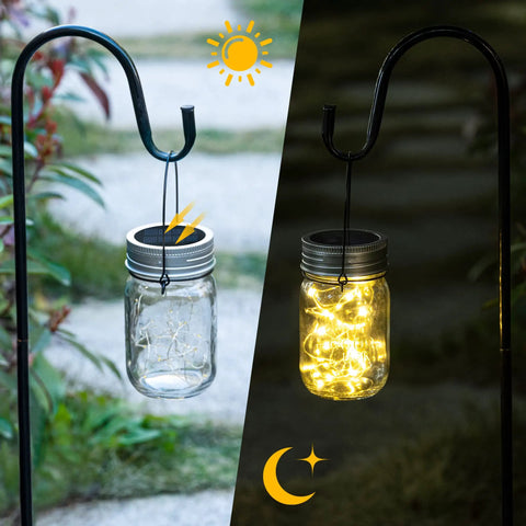 Hanging Mason Jar Solar Lights 6 Pack With 30 LED Lanterns in day and night view, outdoor decor, jar with lid, on black hook