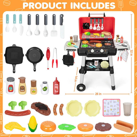 Epic Backyard BBQ Grill Playset For Kids With Smoke Sound And Lights, Dual Layer Outdoor Kitchen Toy on wheels with 35-piece cooking set.