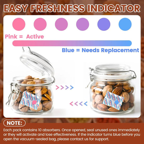 500cc Food Grade Oxygen Absorbers With Indicator in two glass jars showing color change from pink to blue to indicate freshness.