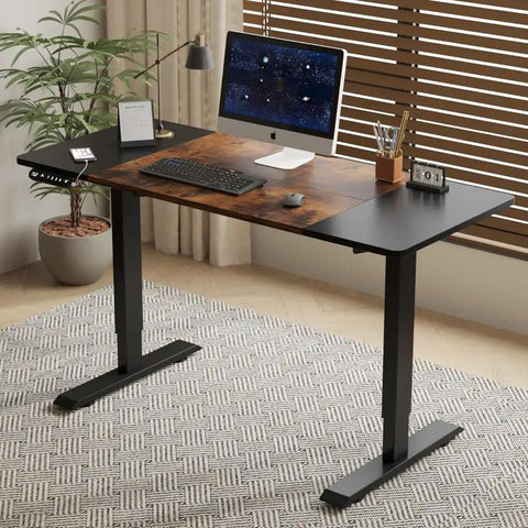Rock Solid Electric Standing Desk That Kicks Into Gear Smooth As Butter For Home Office Gaming Ergonomic Sit Stand Table With 176 Pound Capacity Wobble Free Heavy Duty Steel Frame In Black Brown with wood and metal finish.