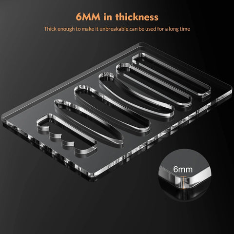 Six In One Charcuterie Board Handle Template, acrylic material showing six handle shapes, 1/4 inch thick for woodworking.