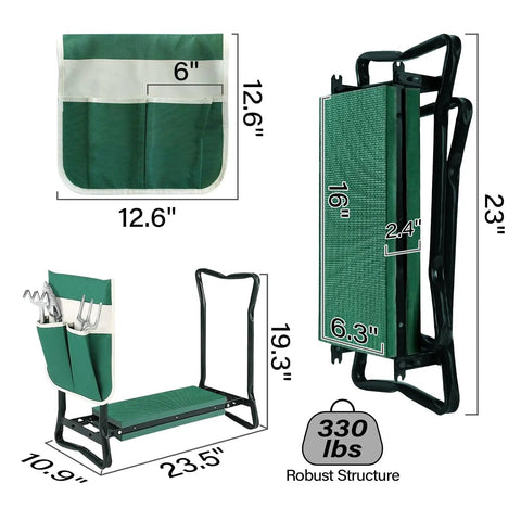 Dimensions and features of Garden Kneeler Seat With Upgraded Thick Kneeling Pad And Large Tool Pouch Foldable Stool, supports 330 lb.