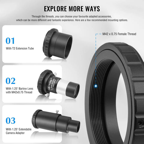 T Mount Telescope Camera Adapter For Nikon SLR And DSLR Bodies 1 25 Inch Connection With T2 Ring shown with accessories