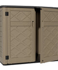 Spacious Outdoor Storage Shed Resin Cabinet With 48 Cu Ft Capacity for Patio Accessories Trash Cans and Garden Tools, open door view