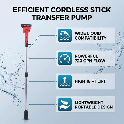 Heavy Duty Cordless Stick Transfer Pump With 720 GPH Flow For Diesel Gas And Water Use features wide liquid compatibility and lightweight design.