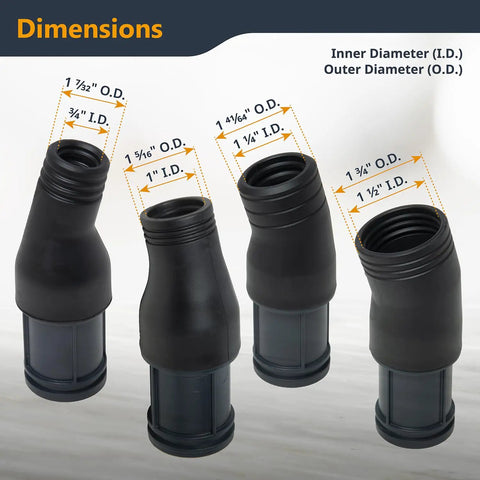 10 Ft Vacuum Hose Dust Collection Kit With Four Quick Change Fittings Tapered Reducers shown with dimensions