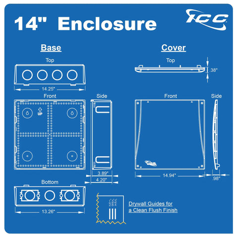 14 Inch Abs Plastic Structured Wiring Enclosure diagram showing base and cover dimensions for secure cable management.