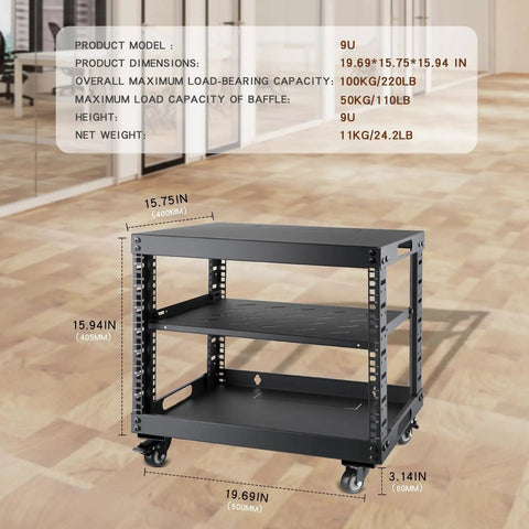 Built Different Pro Rig Open Frame Server Rack With Smooth Roll Wheels Free Standing Network Cabinet For Servers And Av Equipment Black 9U Rolling Stand with two shelves.