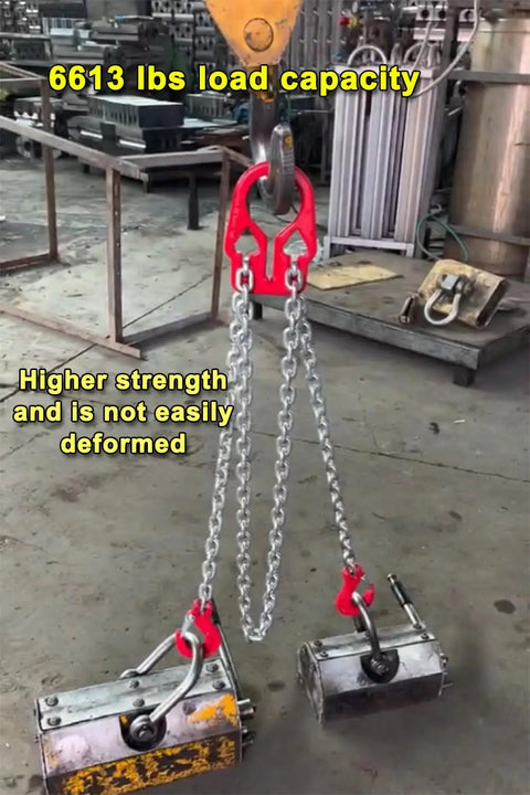 Workhorse Heavy Duty Chain Sling 6613 Lbs Capacity 5/16 Inch By 10 Ft Two Leg Adjustable Hoist Slings With Safety Hooks For Industrial Engine Lifts And Heavy Lifting Jobs. Two-leg chain sling lifting metal blocks in workshop.