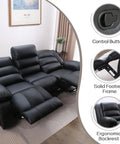 Faux Leather Manual Reclining Sofa With Hidden Cup Holders, 3 Seat Overstuffed Armrests, Easy To Clean, Black in Living Room