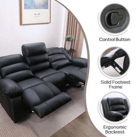 Faux Leather Manual Reclining Sofa With Hidden Cup Holders, 3 Seat Overstuffed Armrests, Easy To Clean, Black in Living Room