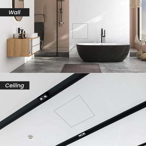 Solid Build 12X12 Inch Drywall Access Panel With Tough Aluminum Frame And Easy Click Finish on wall and ceiling in modern bathroom.