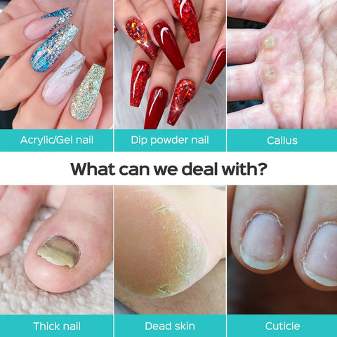 Six images showing problems addressed by a Cordless Electric Nail Drill With Stepless Speed Knob, Portable Rechargeable Nail Drill Machine For Acrylic Gel Dip Powder Polish, Pro Grade Manicure Pedicure Tool For Home Salon Use, including acrylic and dip powder nails, callus, thick nail, dead skin, and cuticle issues.