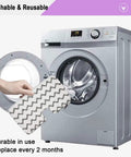 Hand holding 6 Pack Steam Mop Pads Replacement For Shark Steam Pocket Mops S3500 Series And S3601 Models in front of washing machine
