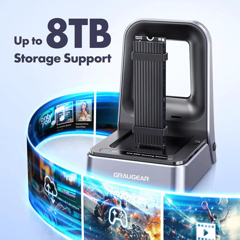 Badass M2 NVMe SSD Docking Station With USB4 40Gbps Transfer Speed Perfect For All PCIe Gen4 Drives And 2280 2230 2242 2260 22110 Formats Plug N Play For Your Rig Fast in sleek design showcasing 8TB storage support.