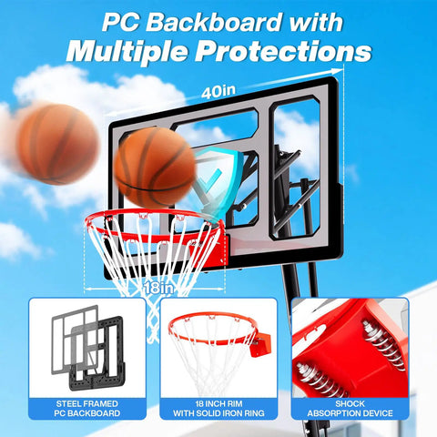 Outdoor Adjustable Basketball Hoop With 40 44 48 Inch Backboards 5.3 To 10 Ft Height Portable Wheels Heavy Duty Steel Frame All Weather PC Backboard Durable Outdoor Basketball Goal For Adults And Families with 40in PC backboard and 18in rim.