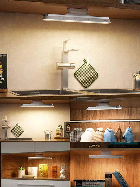 Wireless Under Cabinet Lighting With 42 LED Lights, Magnetic Closet Light, illuminating kitchen, closet, and workspace shelves.