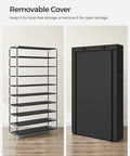 No Fuss Ten Tier Shoe Rack With Sturdy Cover showing removable cover option for dust-free storage and open shelving.