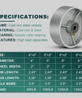 6 Inch Cast Iron Wheels With Steel Spacers Built Tough As Nails For Heavy Hauling Up To 500 Fahrenheit High Temp Industrial Cart Casters specifications image.