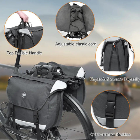 Rear Rack Panniers With 25 To 35 Liter Expandable Capacity Water Resistant Cycling Luggage For Ebike Commuters dual compartments