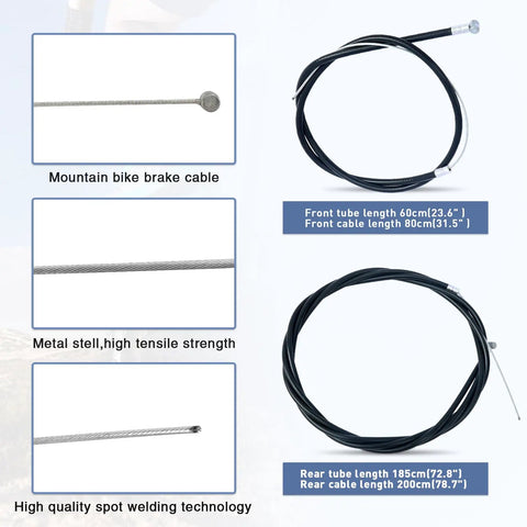 Mountain bike brake cables, 185cm and 200cm length, high tensile steel, compatible with front and rear caliper rim brake set for kids' bikes.