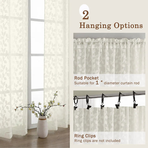 Ivory Sheer Curtains Two Panel Set For Bedroom Or Living Room, leaf pattern, rod pocket and ring clip options, light filtering
