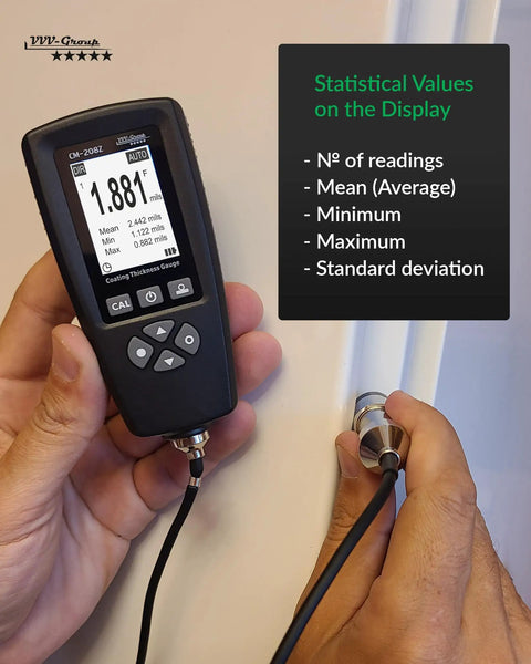 Rugged Coating Thickness Meter for Steel and Aluminum Structures, 0-3000µm Range, 0.001 Mil Resolution, External Probe, Fe/NFe Auto Detection, USB Data Export, Built for Inspectors, Contractors, and QC Pros On the Jobsite. Handheld gauge with external probe showing statistical readings.
