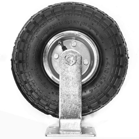 Hella Solid 4 Piece 10 Inch Pneumatic Caster Wheel Set With Two Rigid And Two Swivel Units, showing a durable rubber wheel with a metal bracket.