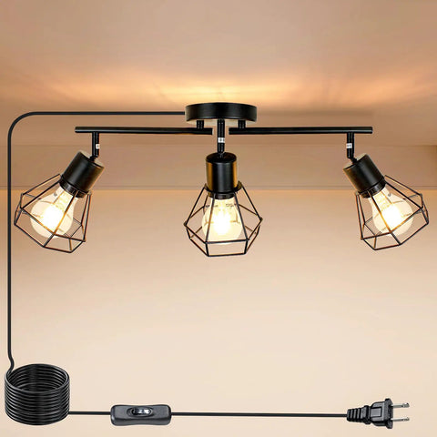 Plug In Track Lighting Kit With 3 Light Directional Ceiling Fixtures In Black Farmhouse Style Track Light With E26 Base 16.4 Ft Cord