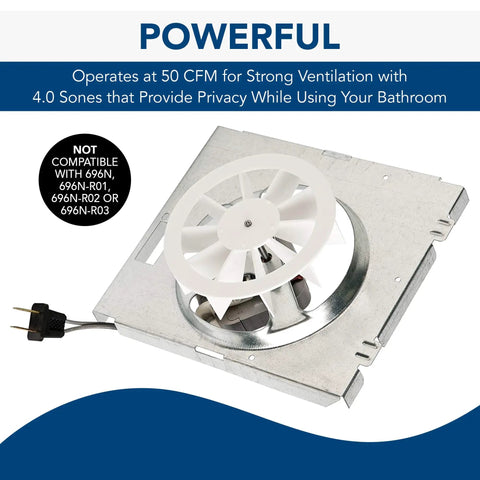 Replacement Motor And Wheel Kit For 696N Housing 8 Inch By 7.25 Inch 50 CFM Pre 1999 Models metal and plastic components