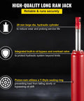 Red hydraulic long-ram jack with single-piston pump and clevis base