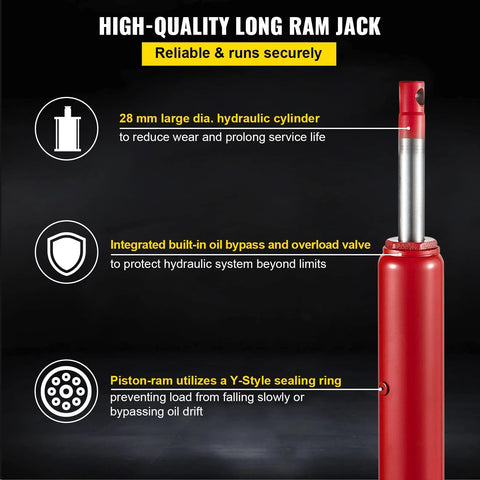 Red hydraulic long-ram jack with single-piston pump and clevis base
