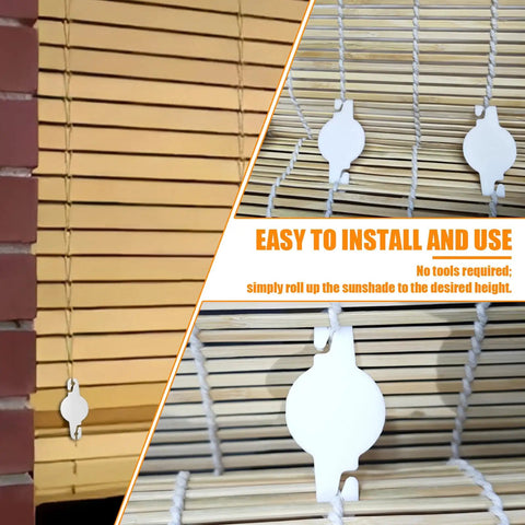 Image of 20 Pack String Clips For Roll Up Shades Compatible With Radiance Bamboo Blinds, installed on window shades.
