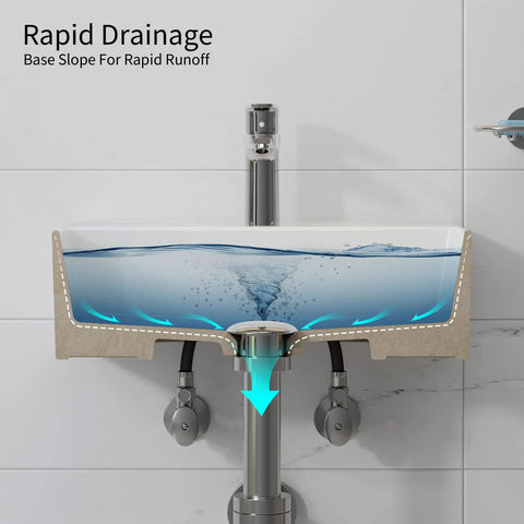 Small Bathroom Wash Basin Sink White 40x30x12cm｜Slim Ed & Sto Led Design showing rapid drainage system and water flow.