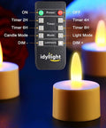 Rechargeable Tea Lights With Remote 100 Hour Flicker Waterproof LED Candles glowing with remote control against dark background