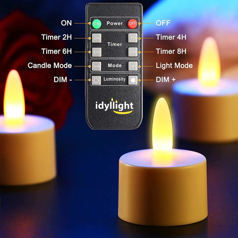 Rechargeable Tea Lights With Remote 100 Hour Flicker Waterproof LED Candles glowing with remote control against dark background