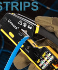 Close-up of All In One RJ45 Pass Through Ethernet Crimp Tool Kit for Cat5 Cat5e Cat6, showing stripping function with cable.