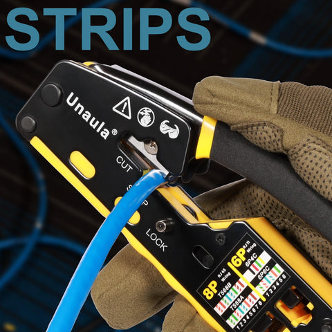 Close-up of All In One RJ45 Pass Through Ethernet Crimp Tool Kit for Cat5 Cat5e Cat6, showing stripping function with cable.
