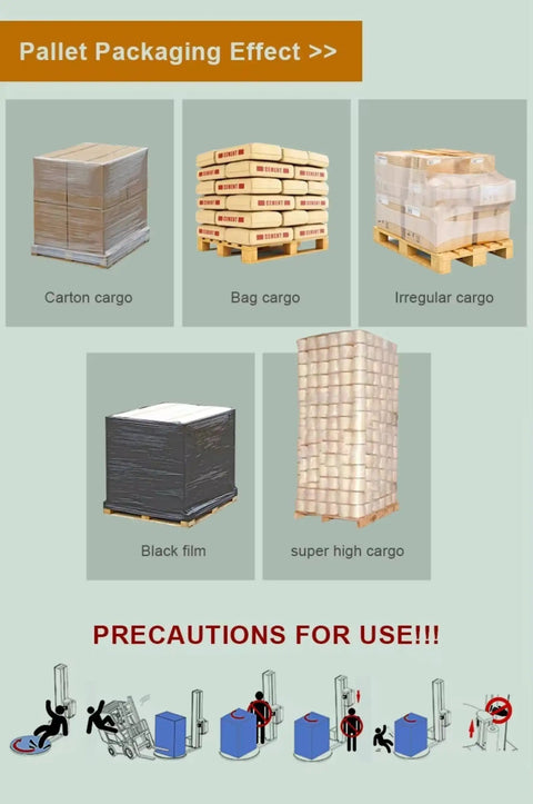 Heavy Duty Automatic Pallet Wrapping Machine With Wide Stretch Film Roll Wrapper packaging examples for various cargo types.