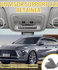 2 Pack Sun Visor Clip Retainers Gray Interior Sun Visor Hook Clips Auto Sun Visor Bracket Holders Durable ABS Plastic Car Sun Visor Accessories Easy Install UV Resistant Anti Fade Sturdy Build Compatible With Chevy Cruze Sonic Spark displayed with a car interior view and vehicle model.