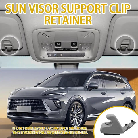 2 Pack Sun Visor Clip Retainers Gray Interior Sun Visor Hook Clips Auto Sun Visor Bracket Holders Durable ABS Plastic Car Sun Visor Accessories Easy Install UV Resistant Anti Fade Sturdy Build Compatible With Chevy Cruze Sonic Spark displayed with a car interior view and vehicle model.