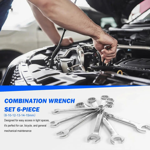 Man using Massive 269 Piece Home And Auto Tool Set with wrenches next to car engine, focusing on mechanical repairs.
