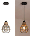 Rustic Industrial Woven Pendant Light With Hemp Rope Cage, 65-inch wire, black finish, shown on a sloped ceiling.