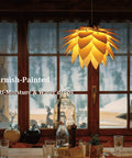 Lotus Flower Plug-In Pendant Light With Wood Boho Shade illuminating a cozy room, 15Ft rope cord, vintage modern glow for kitchens.