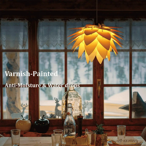 Lotus Flower Plug-In Pendant Light With Wood Boho Shade illuminating a cozy room, 15Ft rope cord, vintage modern glow for kitchens.