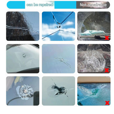 Windshield Chip And Crack Repair Kit For Scratches Quick Fix With Suction Cup Curing No Brainer Five Minute Repair To Restore Clarity And Prevent Chip Spread shown with repairable and non-repairable examples of chipped glass.