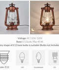 Industrial Rustic Lantern Table Lamp With Old Fashioned Oil Lamp Vibe showing ON and OFF light effect, E12 base, rusty finish.