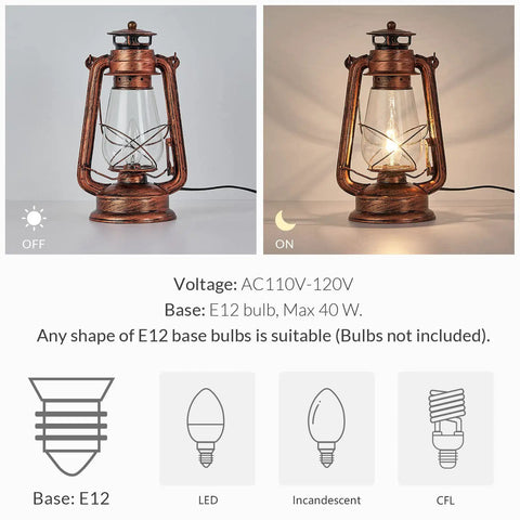 Industrial Rustic Lantern Table Lamp With Old Fashioned Oil Lamp Vibe showing ON and OFF light effect, E12 base, rusty finish.